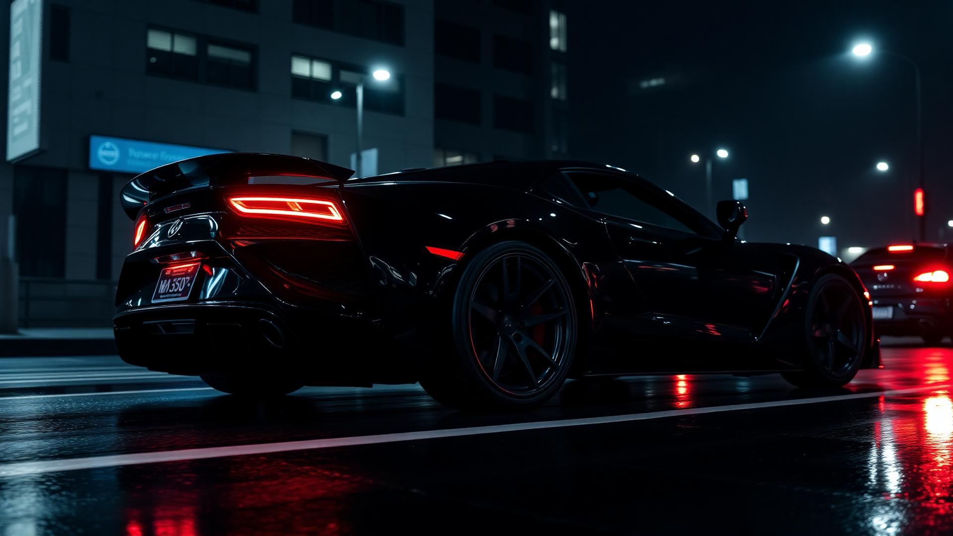 Sleek black sports car at night